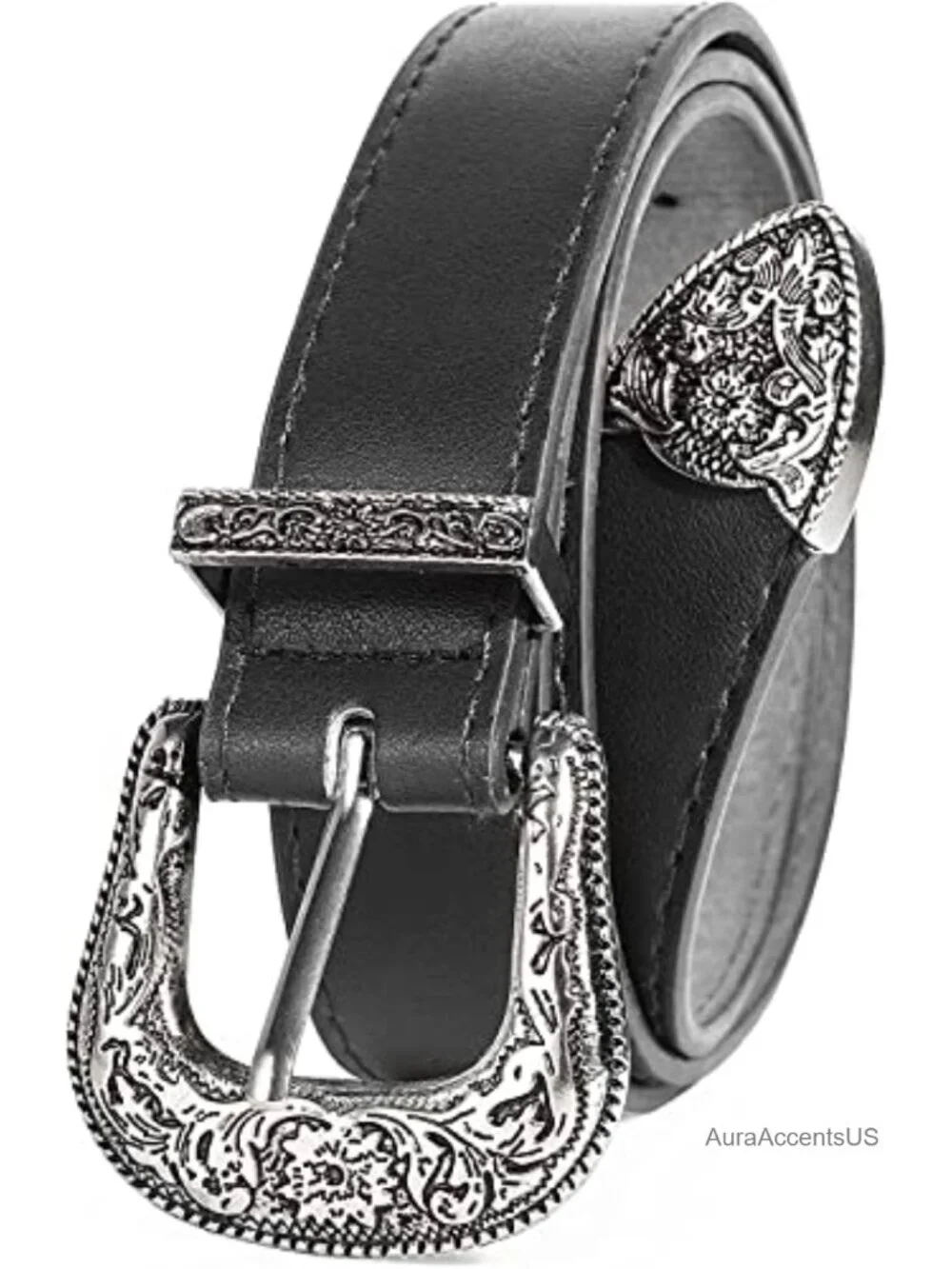 Faux Leather Vintage Western Belt with Hollow Out Floral Buckle